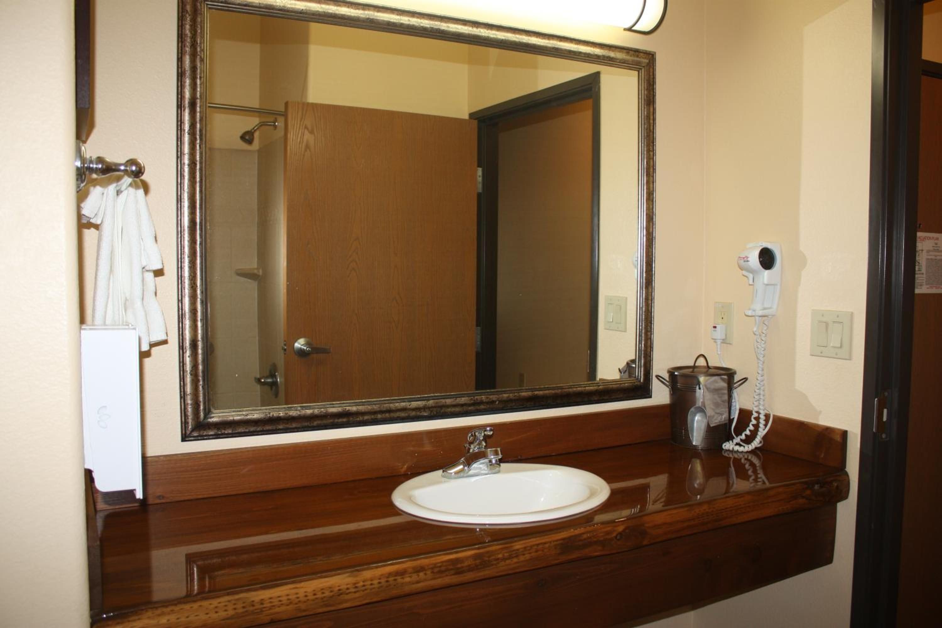 A bathroom with a wooden vanity, a sink, a mirror, a towel rack, a hairdryer, and a telephone.