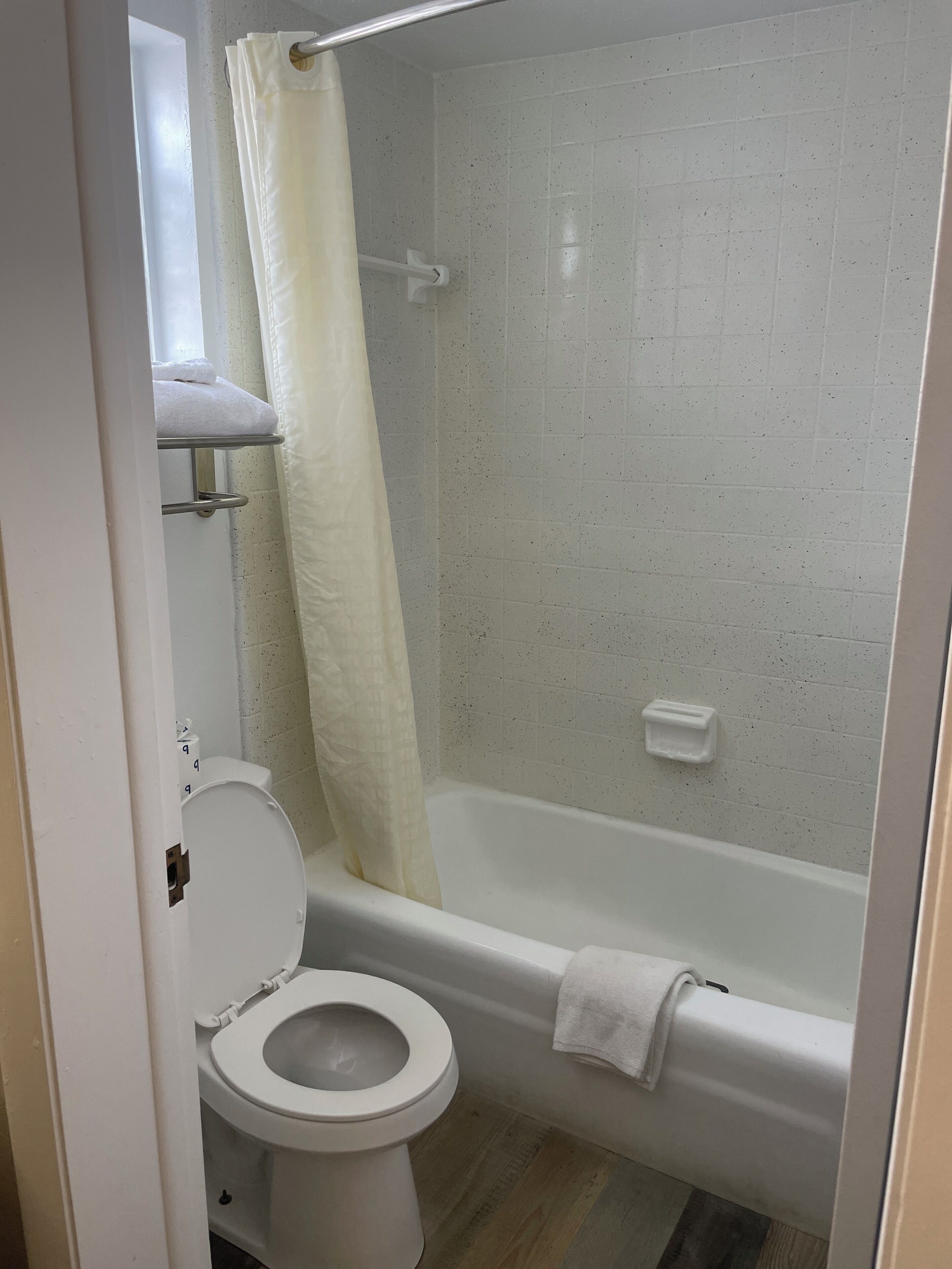 A bathroom with a toilet, a bathtub, and a shower curtain.