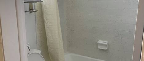 A bathroom with a toilet, a bathtub, and a shower curtain.