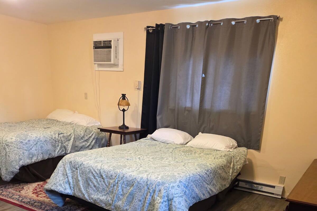 Une chambre avec deux lits, un tapis, une lampe et un appareil de climatisation.
