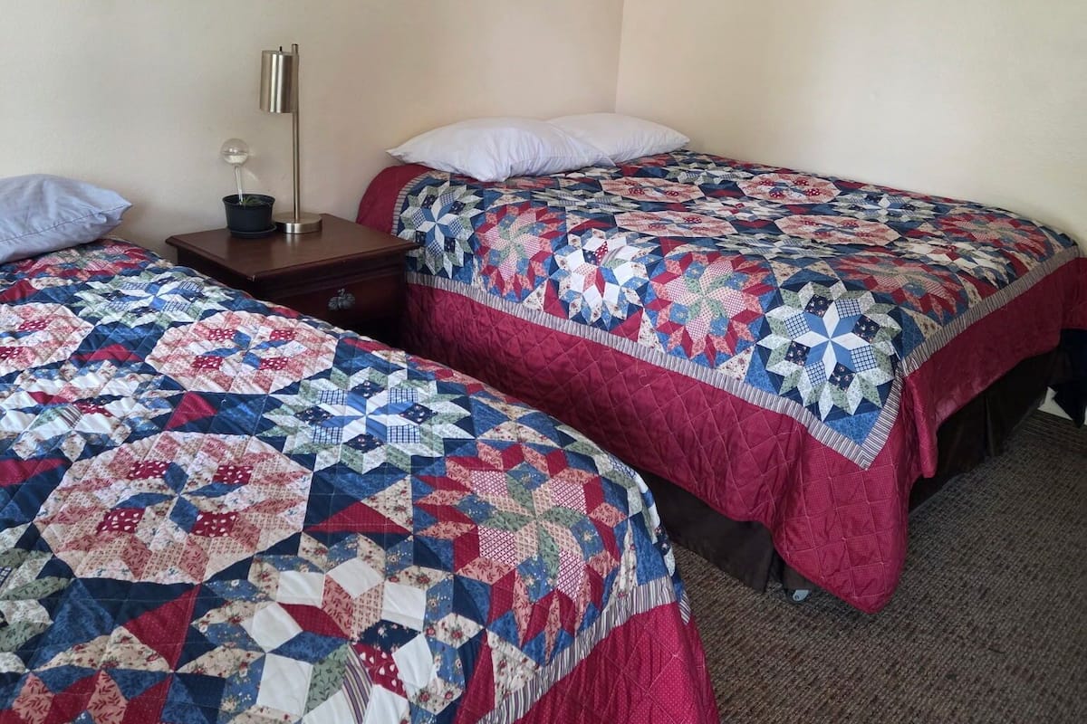 Une chambre d’hôtel avec deux lits, chacun recouvert d’une courtepointe rouge et bleue. Un tableau encadré est accroché au mur et une lampe se trouve sur la table de chevet.