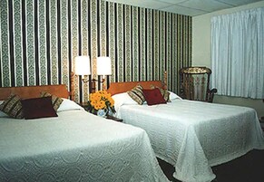 Quarto de hotel com duas camas, uma mesa de cabeceira com luminária, uma cadeira e papel de parede estampado.