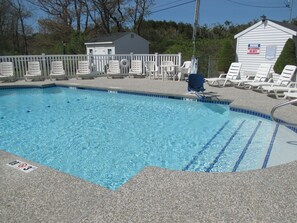 Seasonal outdoor pool, open 9 AM to 9 PM, pool umbrellas, sun loungers - Long Beach Motor Inn (York Beach)