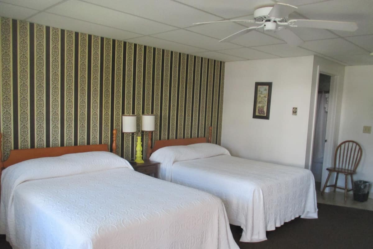 Ein Hotelzimmer mit zwei Betten, einem Deckenventilator, einem gemusterten Wandpapier und einem gerahmten Bild an der Wand.