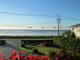 A residential area with a view of the ocean, power lines, and a house with a garden.