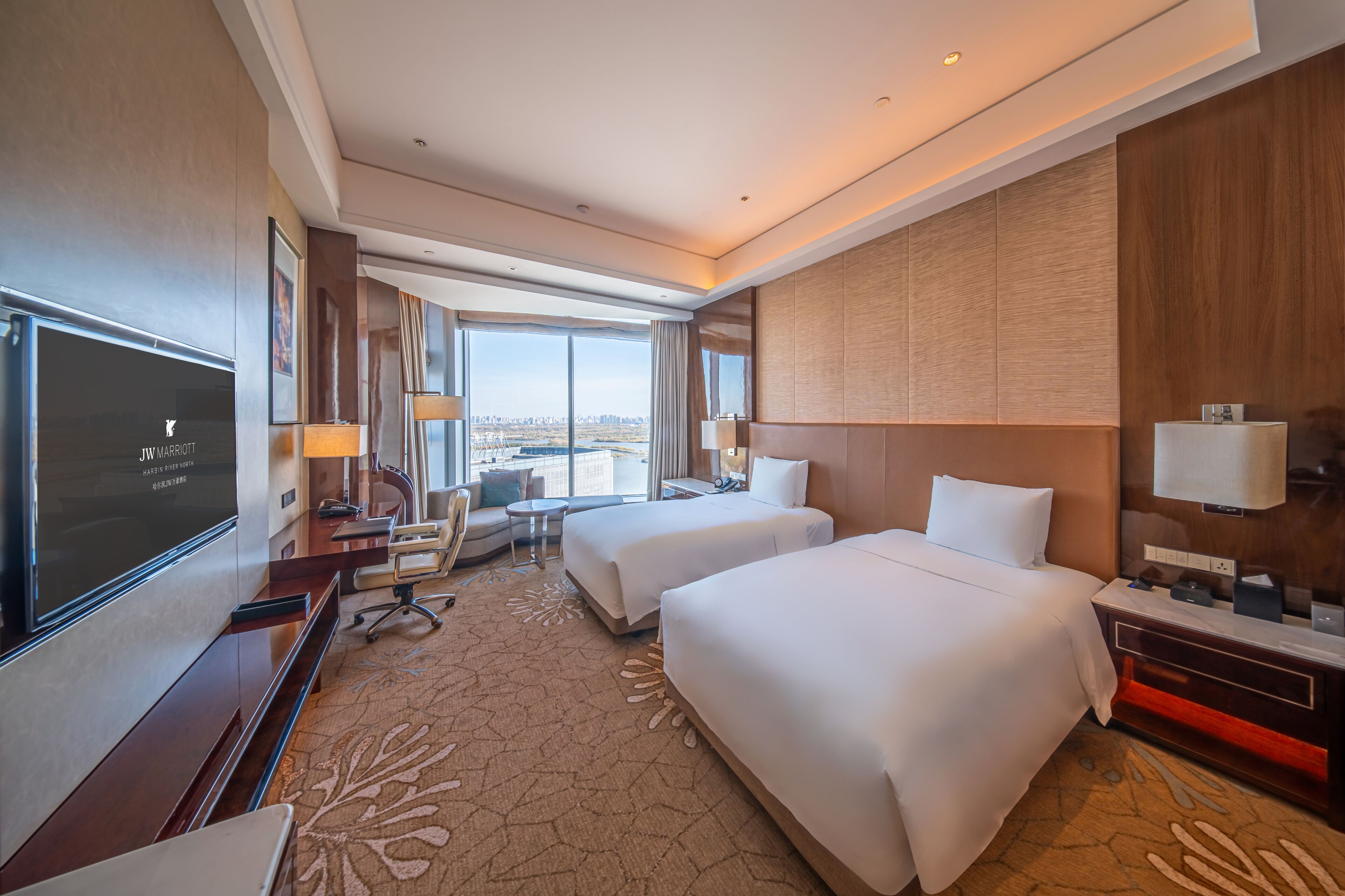A hotel room with a large bed, a desk, a chair, a TV, and a view of the city.
