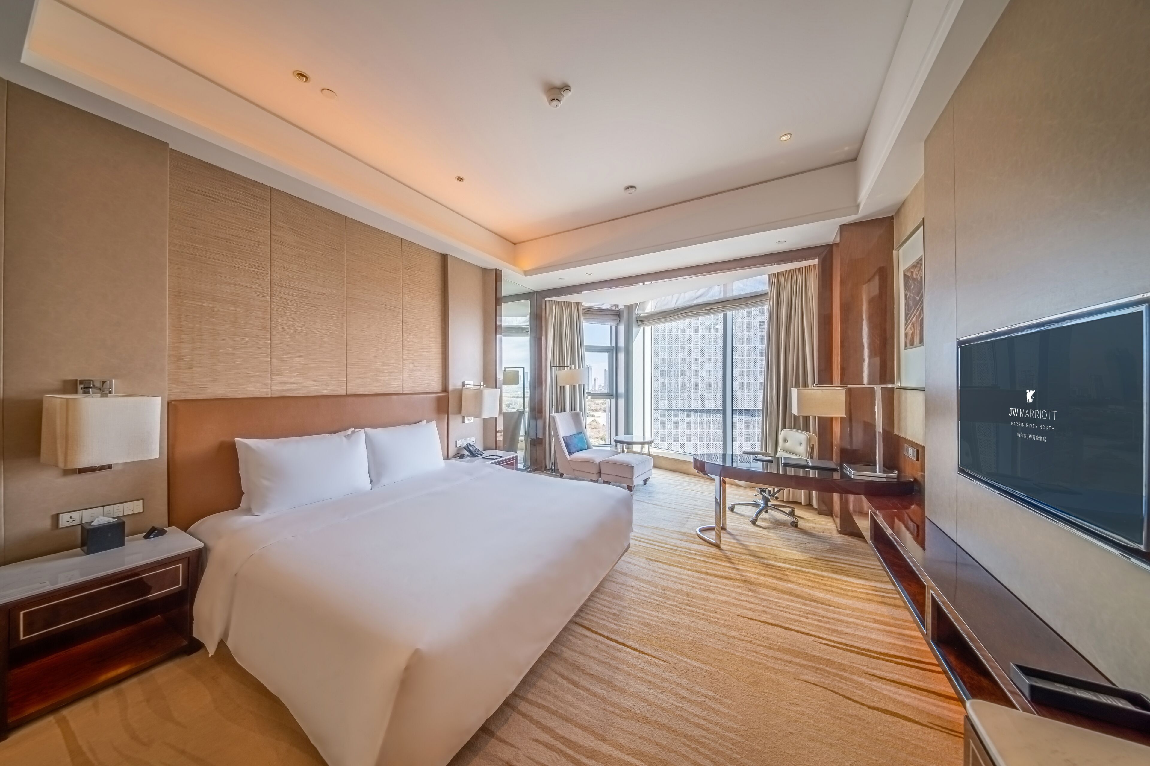 A hotel room with a large bed, a desk, a television, and a view of the city.