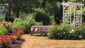 A garden with a wooden bench, a white pergola, and various plants and flowers. - McGregor Inn Motel (Gansevoort)