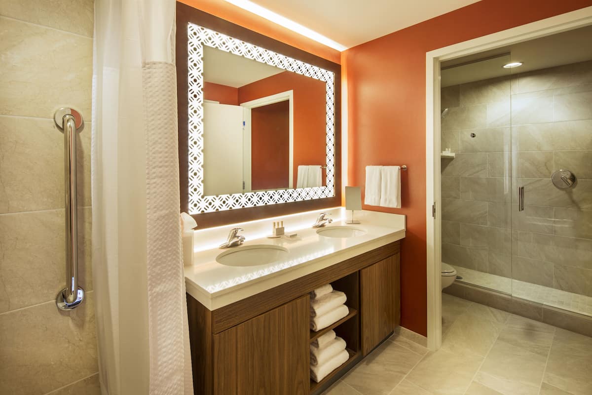 combined shower/bathtub, free toiletries, hair dryer, towels