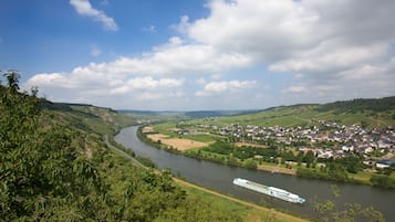 A river with a boat, surrounded by green hills and a town.