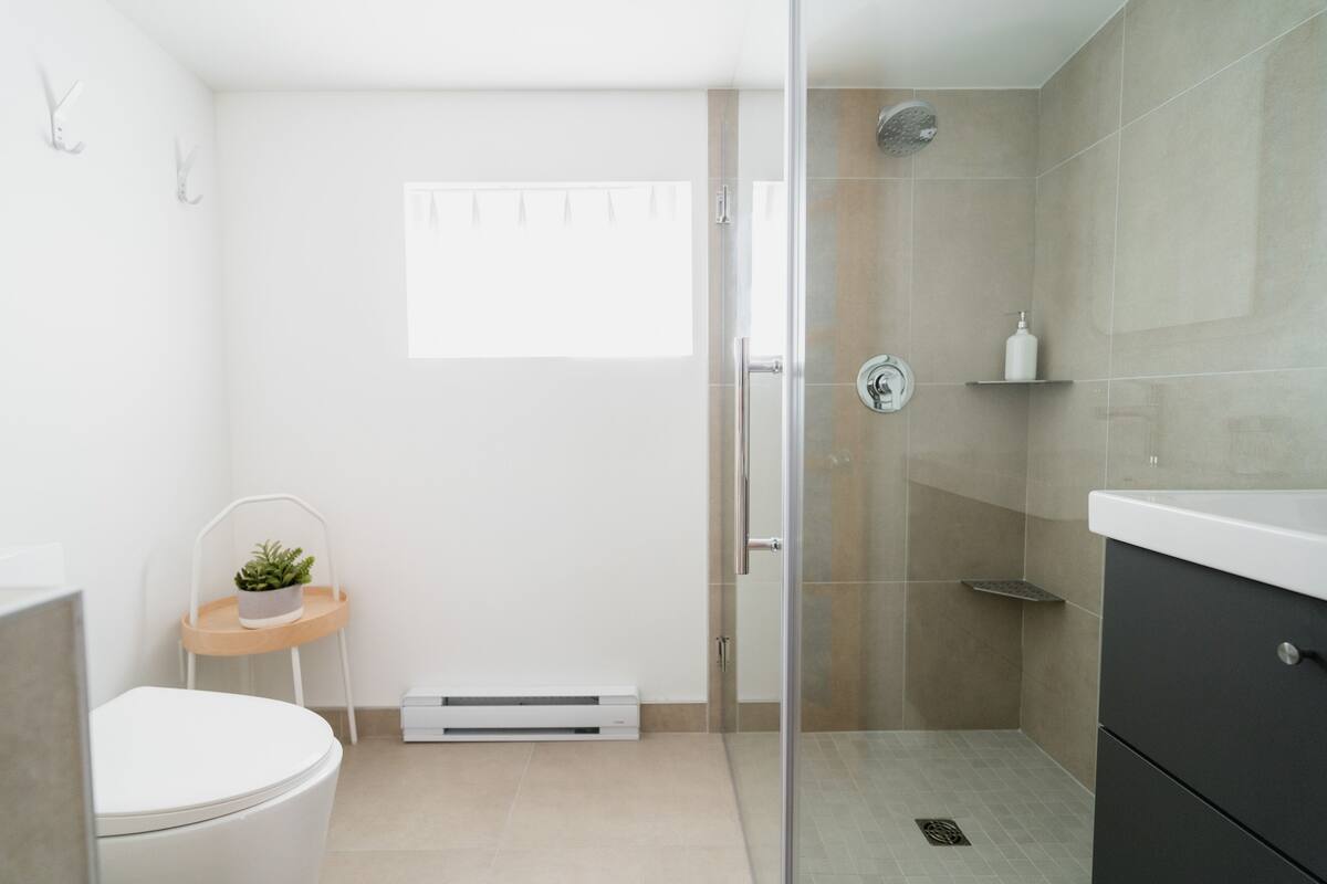 Un baño moderno con inodoro, lavamanos, ducha y una pequeña planta sobre una mesita.