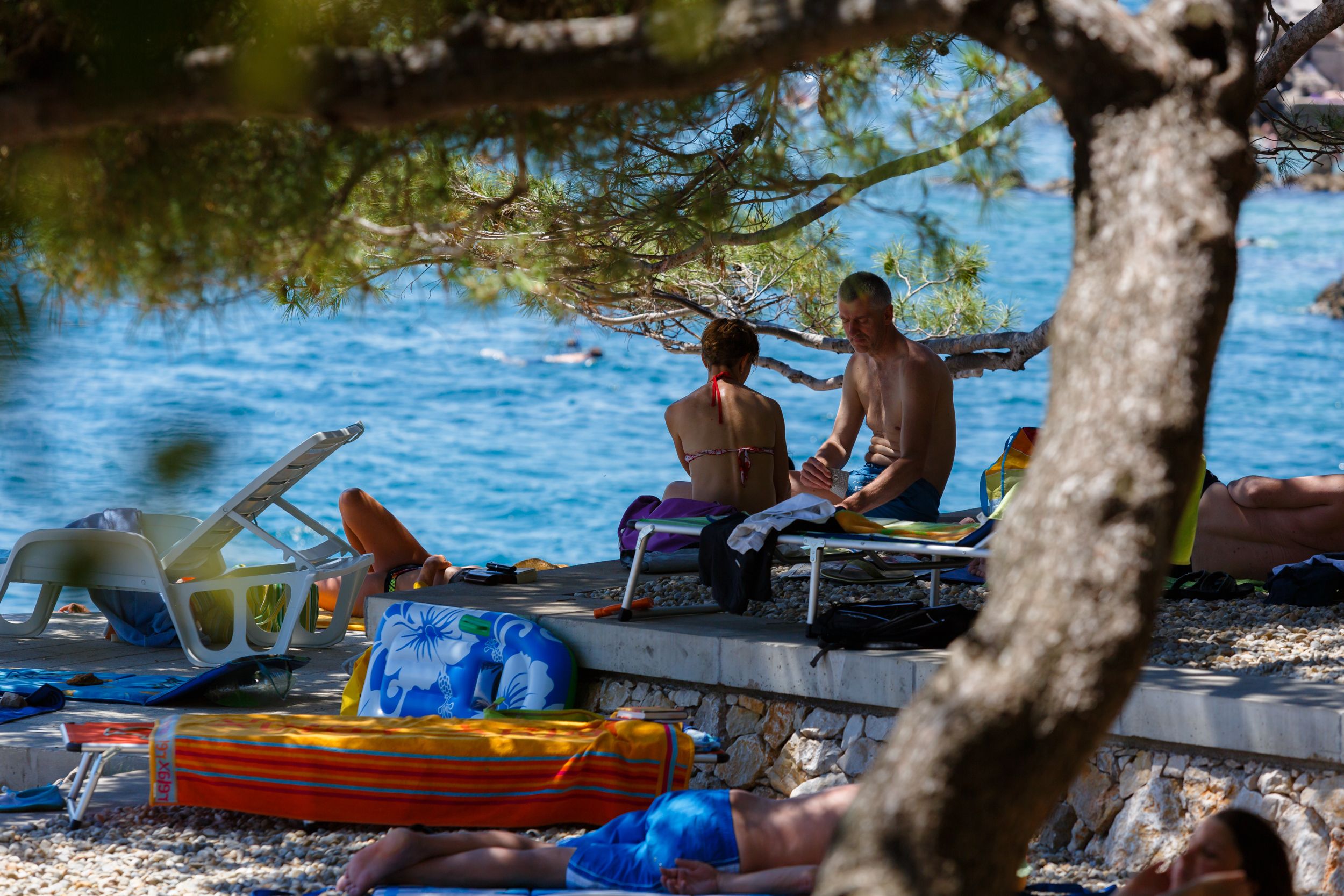 A beach scene with people relaxing under trees, a stone wall, and a clear blue sea.