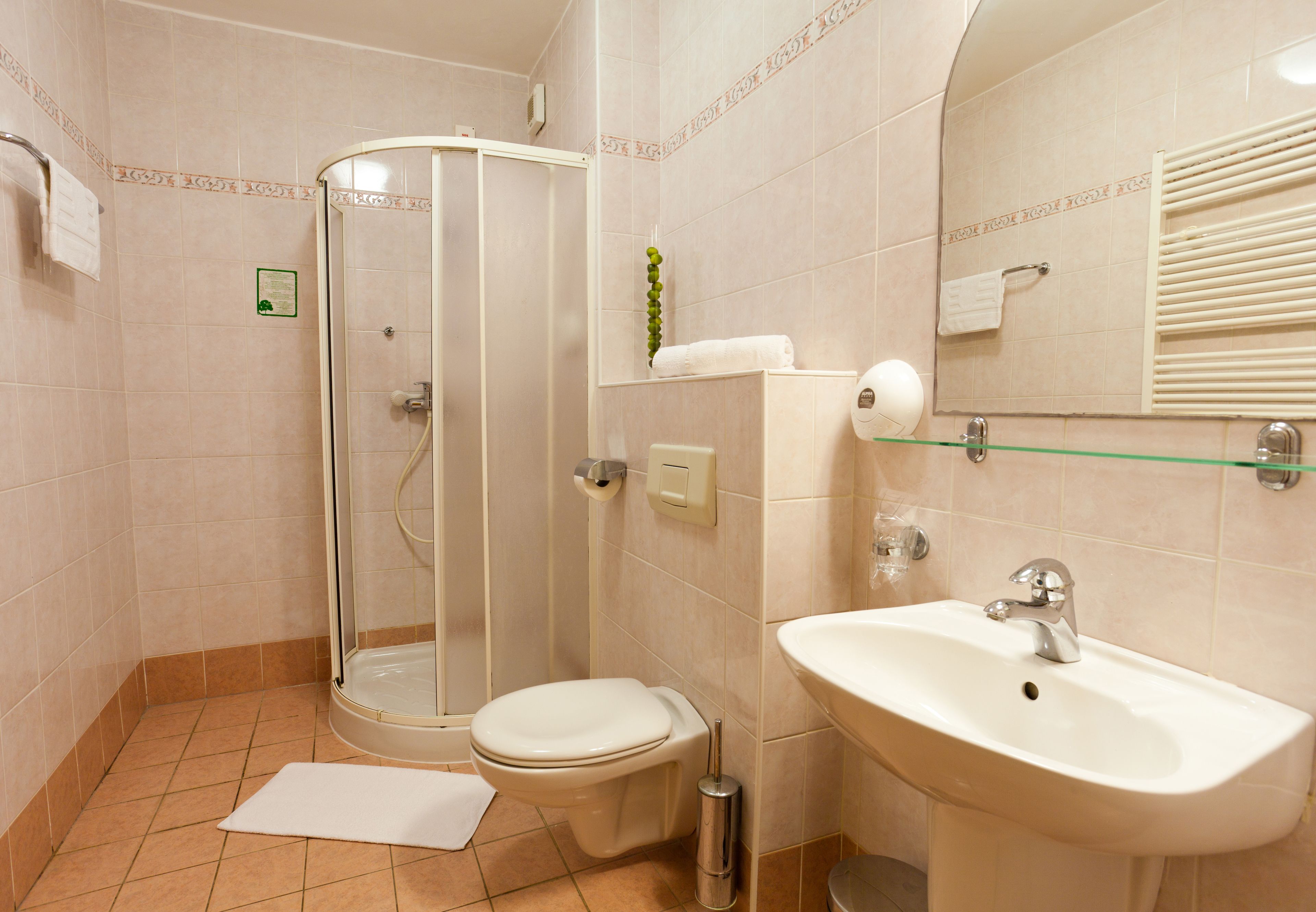 A bathroom with a glass shower enclosure, a toilet, a sink, and a mirror.