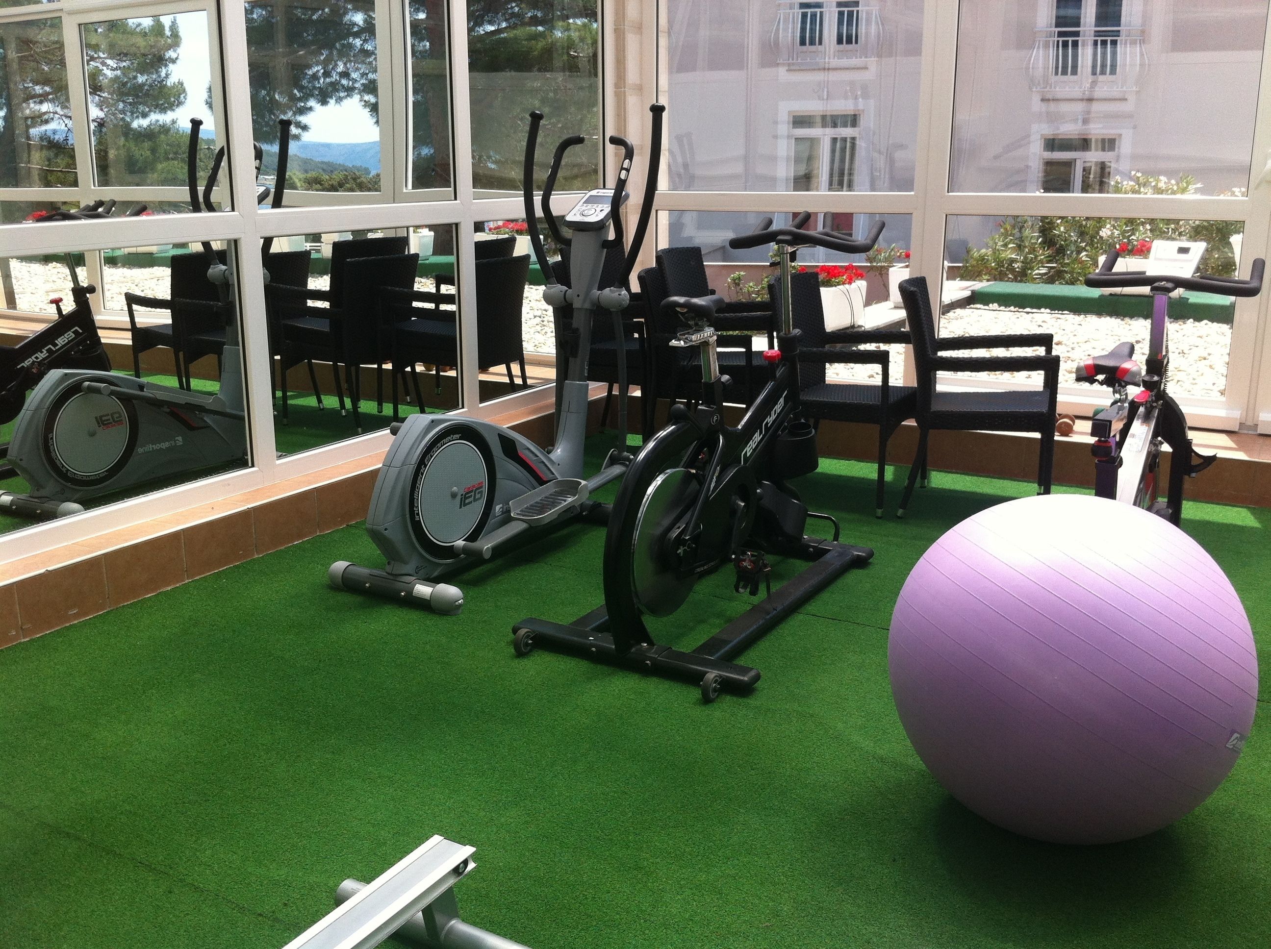 An indoor gym with exercise equipment, a large exercise ball, and a view of the outdoors through large windows.