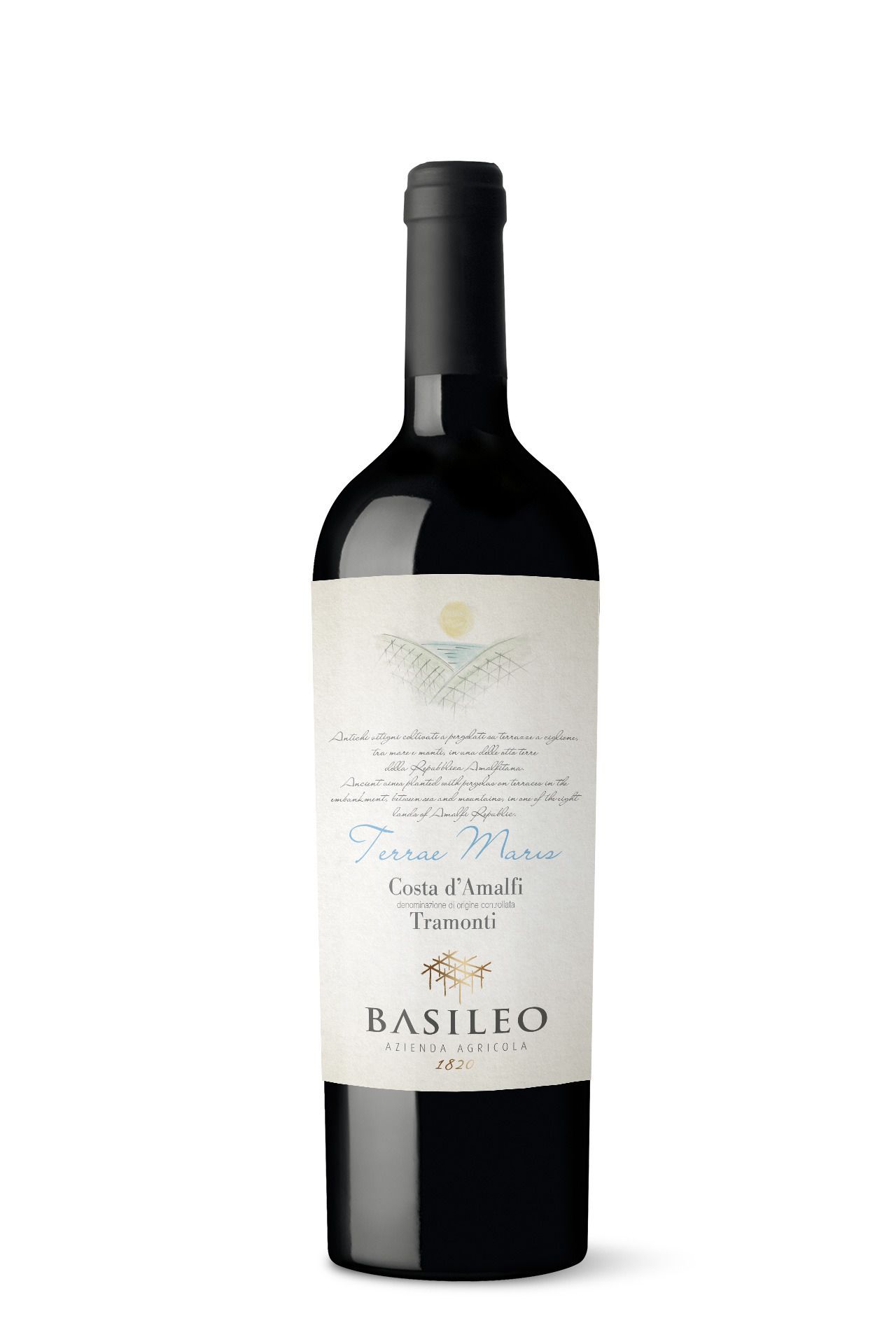 Uma garrafa de vinho com etiqueta que contém texto e um logotipo.