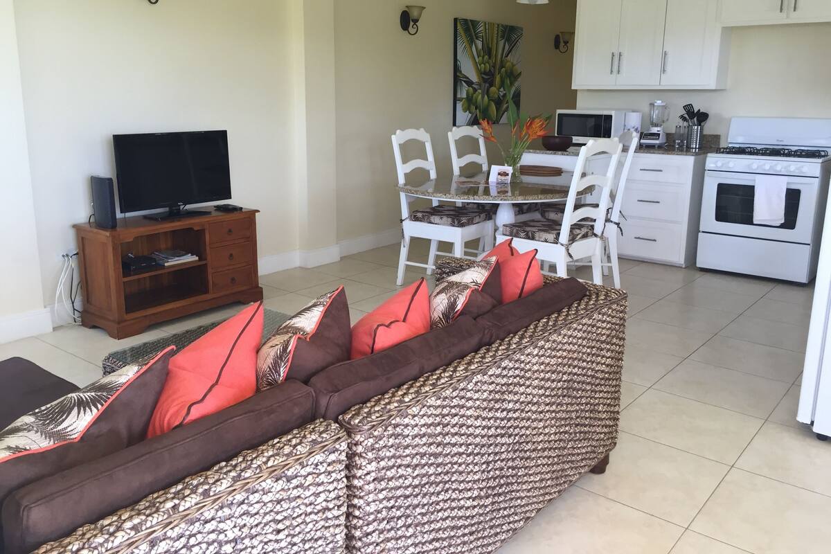 A living room with a sofa, TV, and dining area with chairs and a table.