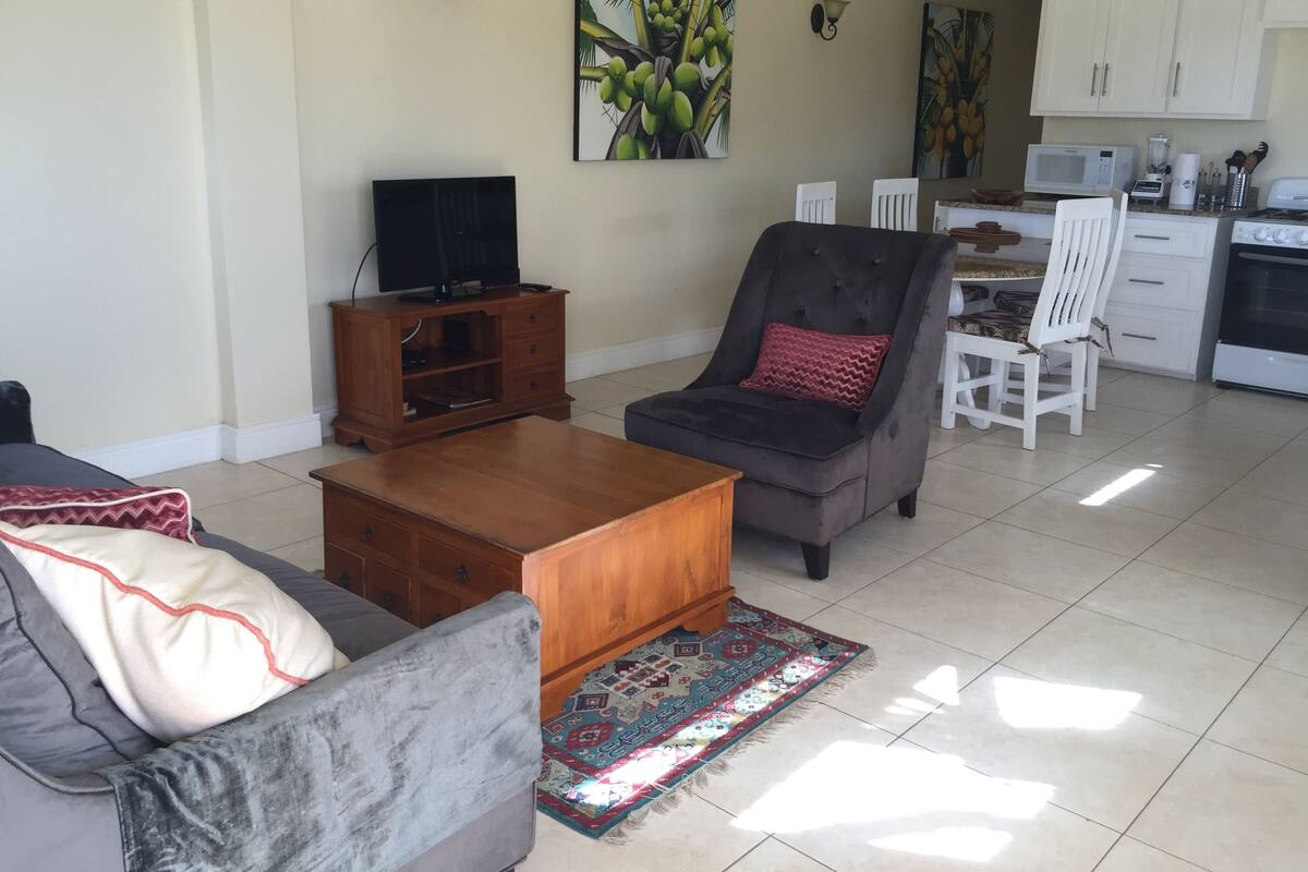 A living room with a sofa, a coffee table, a TV on a wooden cabinet, a grey armchair with a red pillow, and a kitchen area with white cabinets and appliances.