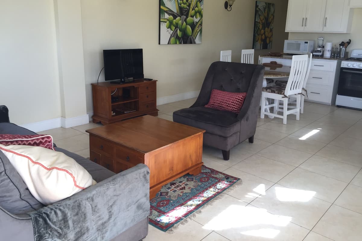 Appartamento Luxury, 2 camere da letto, vista oceano | Area soggiorno | TV a schermo piatto 32 pollici con canali via cavo, TV
