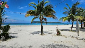 Una playa con palmeras, cielo despejado y una isla distante.