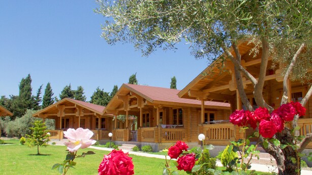 A wooden lodge with a porch and a garden with roses. - Sandy's Studios Apartments & Log Villas (Kos)