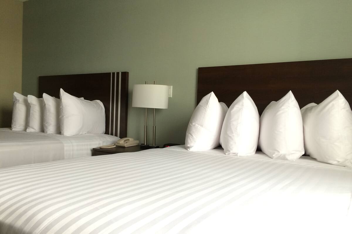 A hotel room with two beds, white bedding, a nightstand with a lamp, and a telephone.