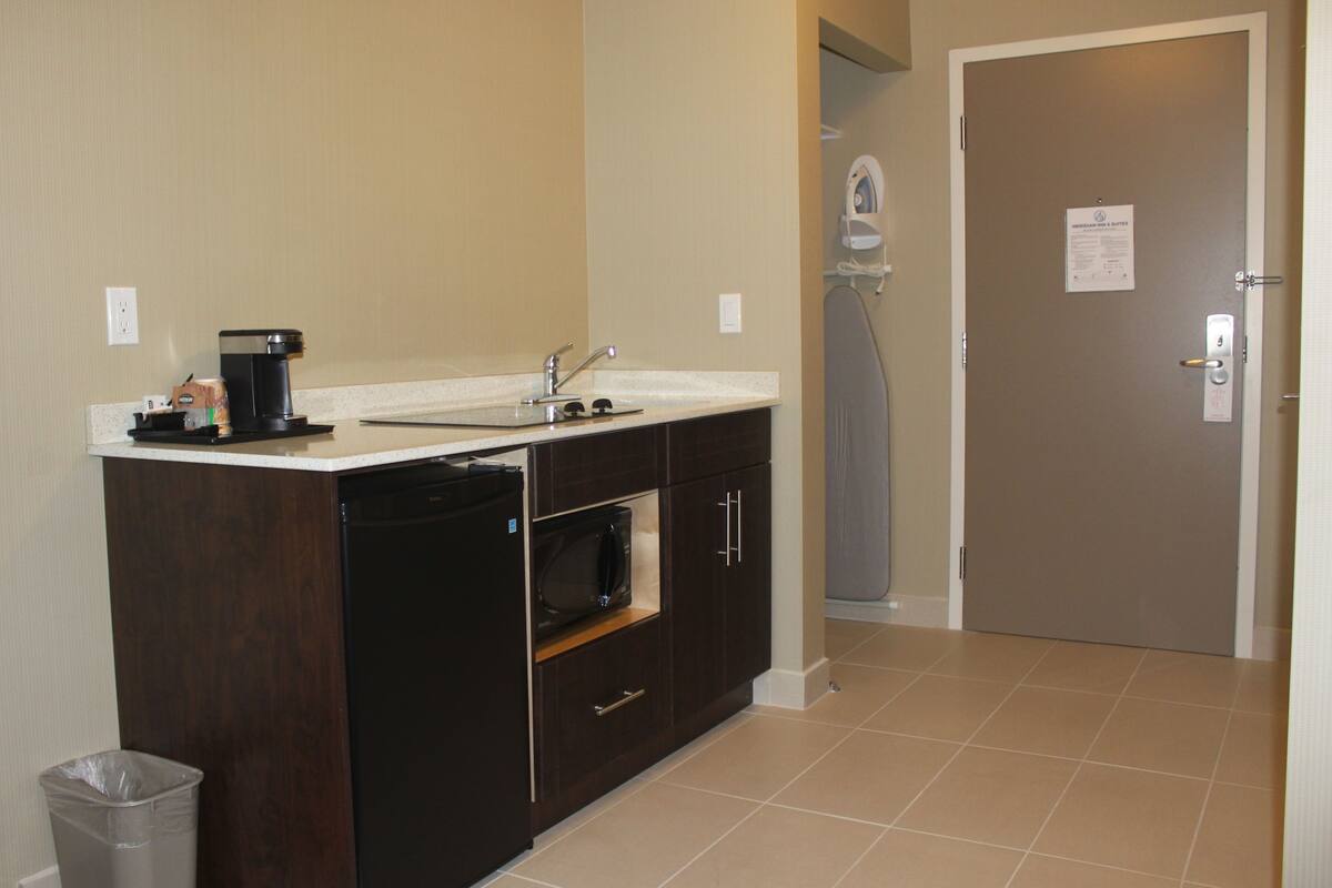 mini-fridge, microwave, coffee/tea maker