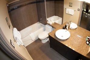 Bathroom features a bathtub, granite countertop, and separate toilet.