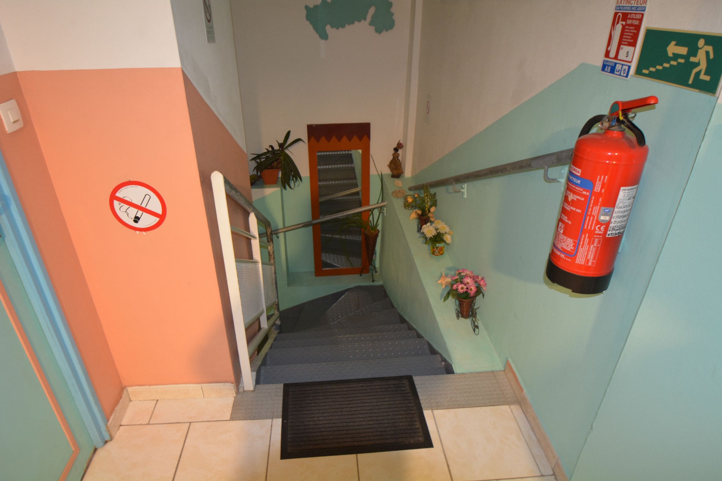 A stairway with a fire extinguisher mounted on the wall, a handrail, and a doormat at the bottom.