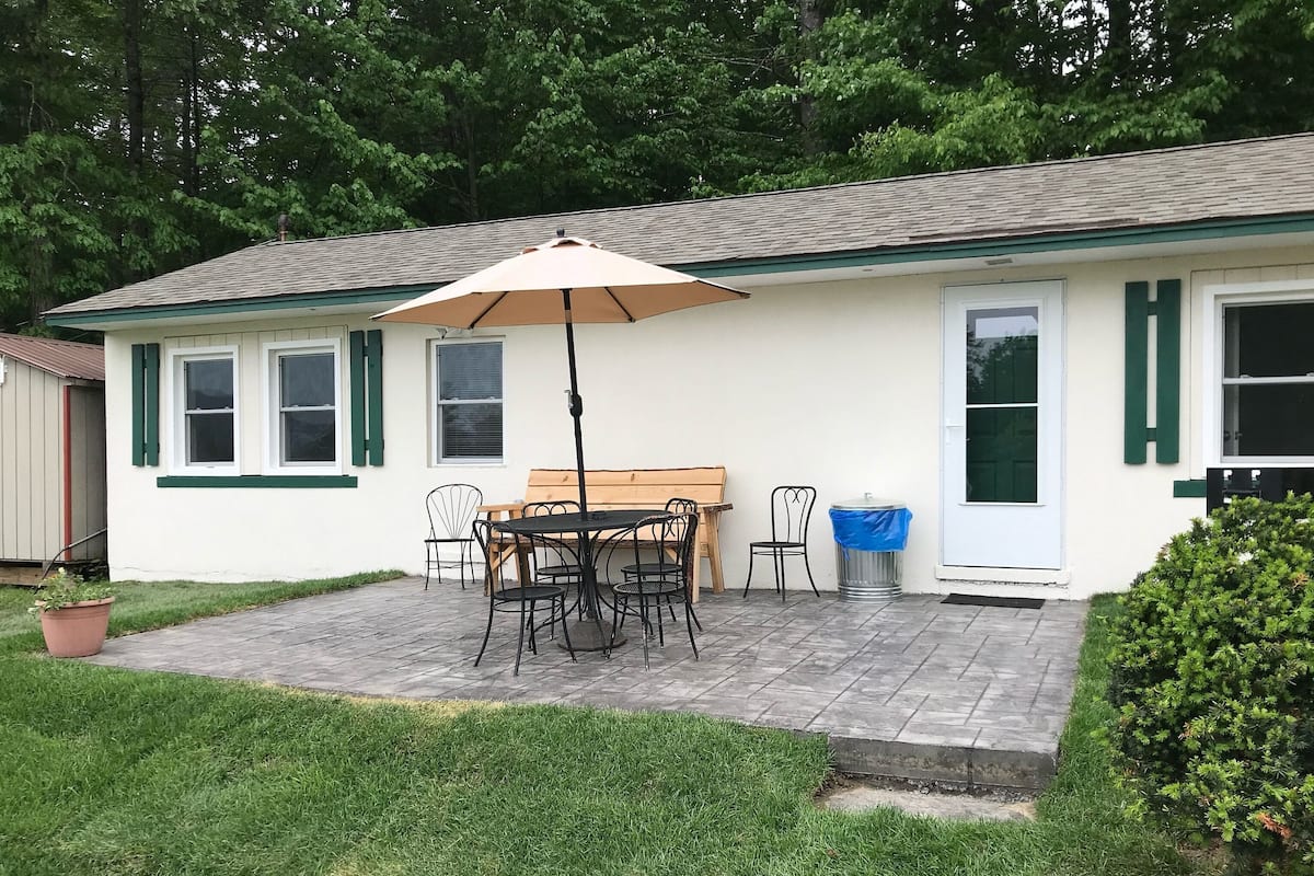 A patio area with a table and chairs, a trash can, and a potted plant.