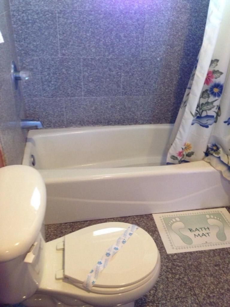 A bathroom with a bathtub, toilet, and shower curtain.