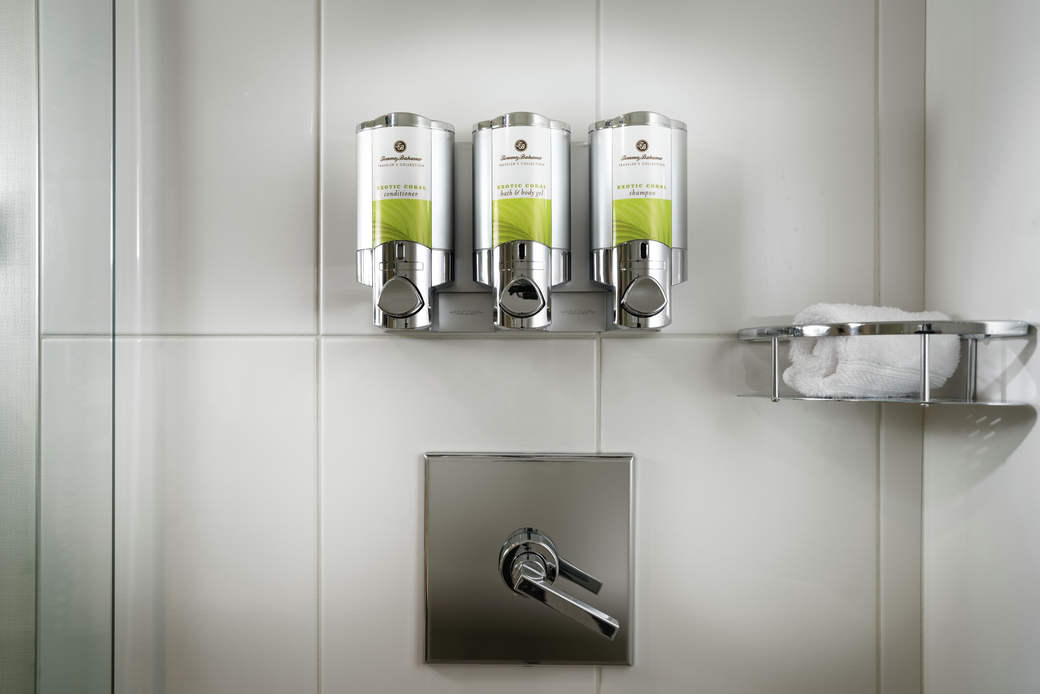 Designer toiletries, hair dryer, bathrobes, towels