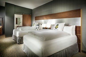 Premium bedding, pillowtop beds, desk, laptop workspace