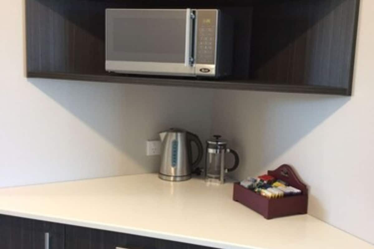 fridge, microwave, coffee/tea maker, electric kettle