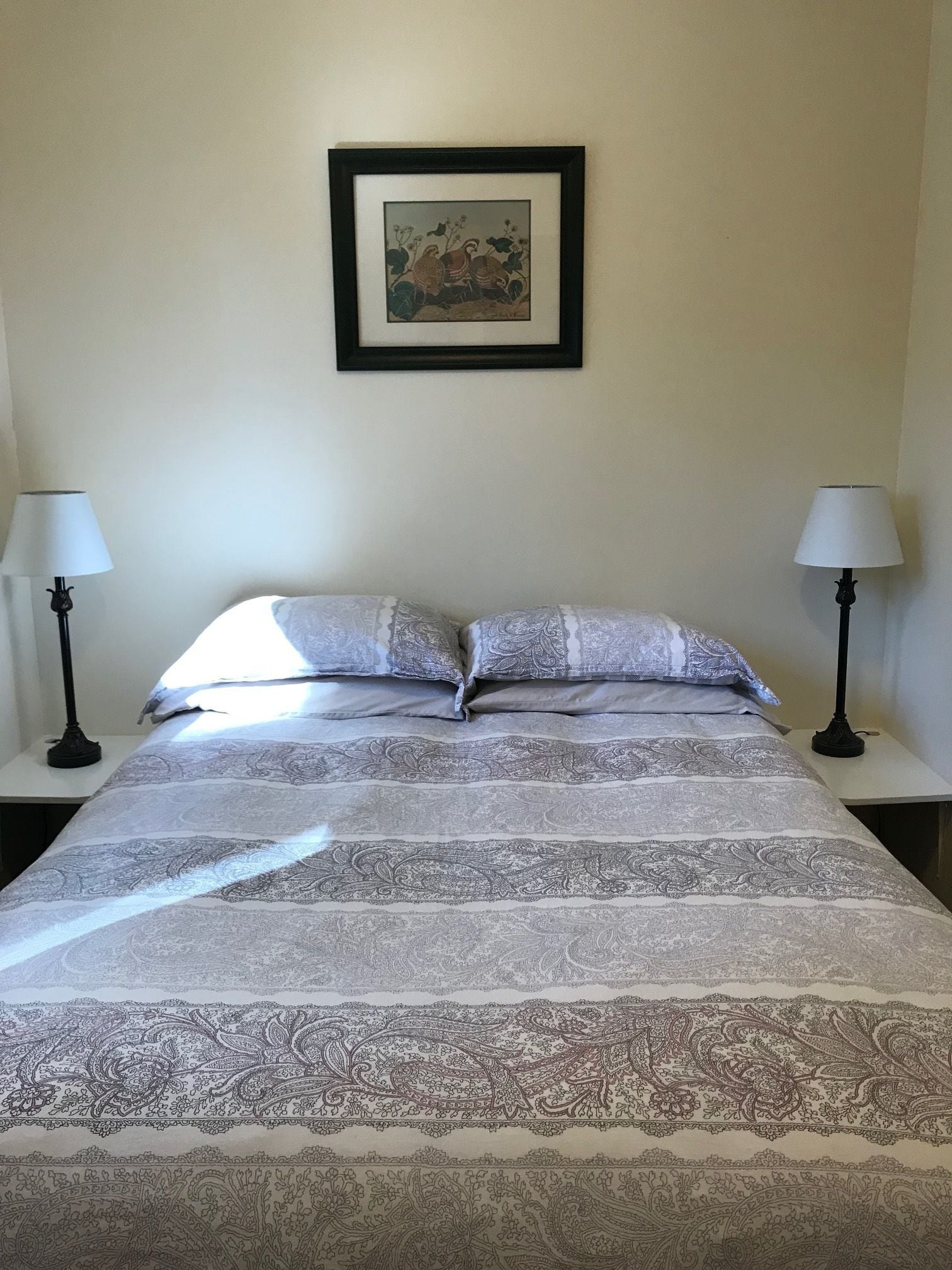 Een netjes opgemaakt bed met beddengoed met een patroon, twee bedlampen en een ingelijst beeld aan de muur.
