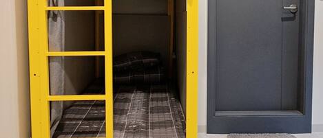 A bunk bed with a ladder, a door, and a small rug on the floor.