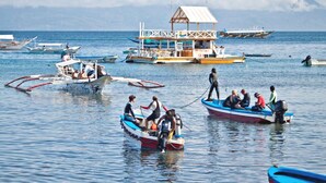 Escena costera con varios barcos, incluyendo una casa flotante con techo de paja, amarrados en aguas tranquilas.