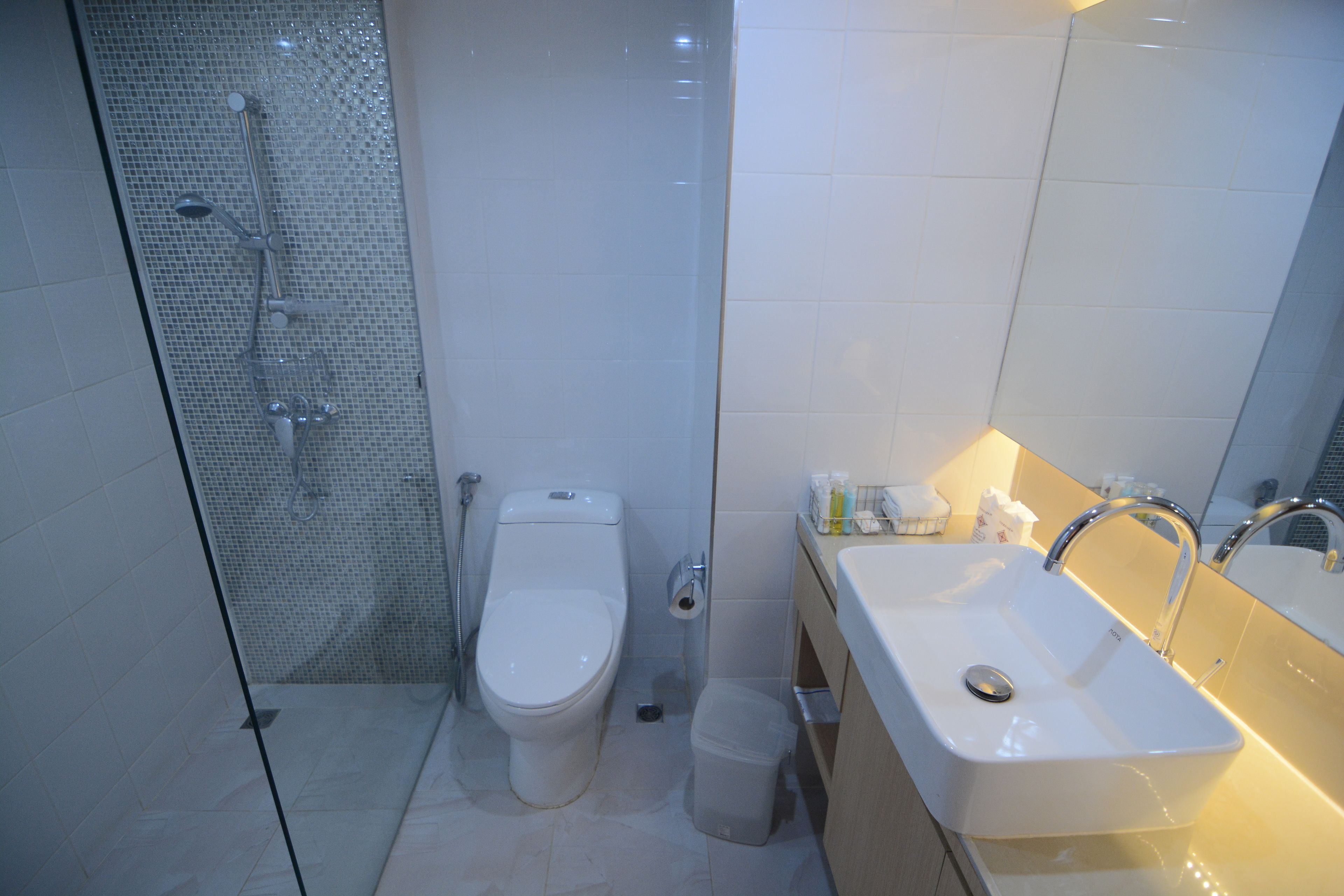 A modern bathroom with a glass-enclosed shower, a white toilet, and a sink with a mirror.