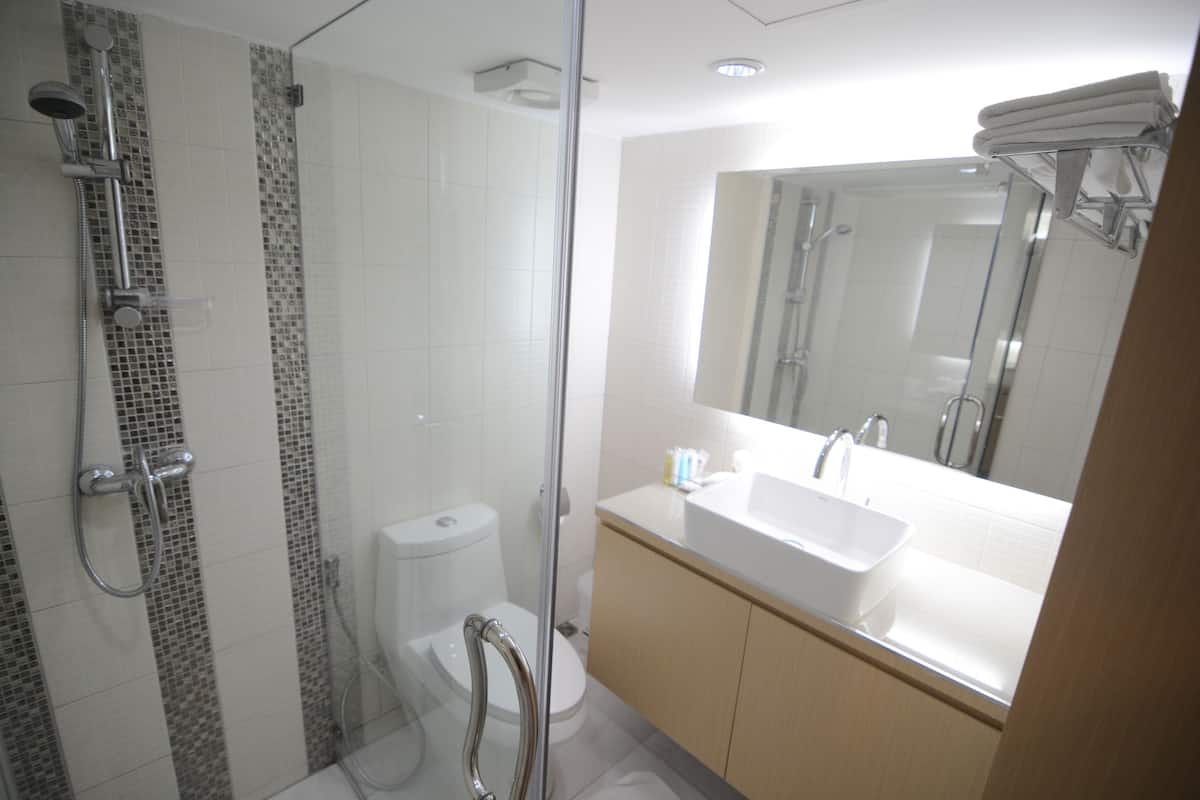 Duş, ücretsiz banyo/kozmetik ürünleri, saç kurutma makinesi, terlik