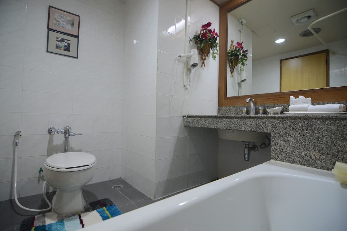 Duş, ücretsiz banyo/kozmetik ürünleri, saç kurutma makinesi, terlik