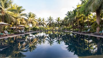 Outdoor pool, pool umbrellas, pool loungers