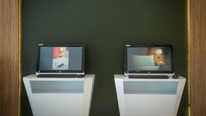 Twee HP laptops op witte voetstukken, tegen een groene muur met een houten rand.