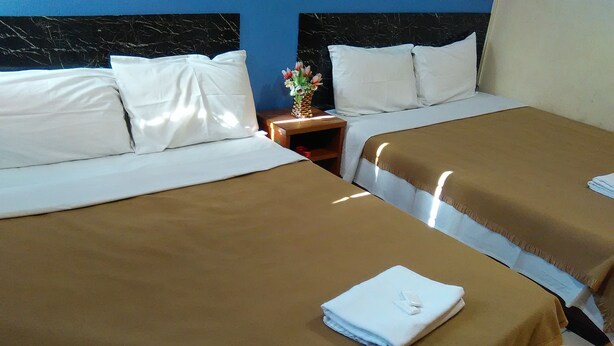 Une chambre d’hôtel avec deux lits, chacun étant agrémenté de draps blancs et d’une couverture marron. Une petite table de chevet en bois, sur laquelle est posé un vase de fleurs, se trouve entre les deux lits.