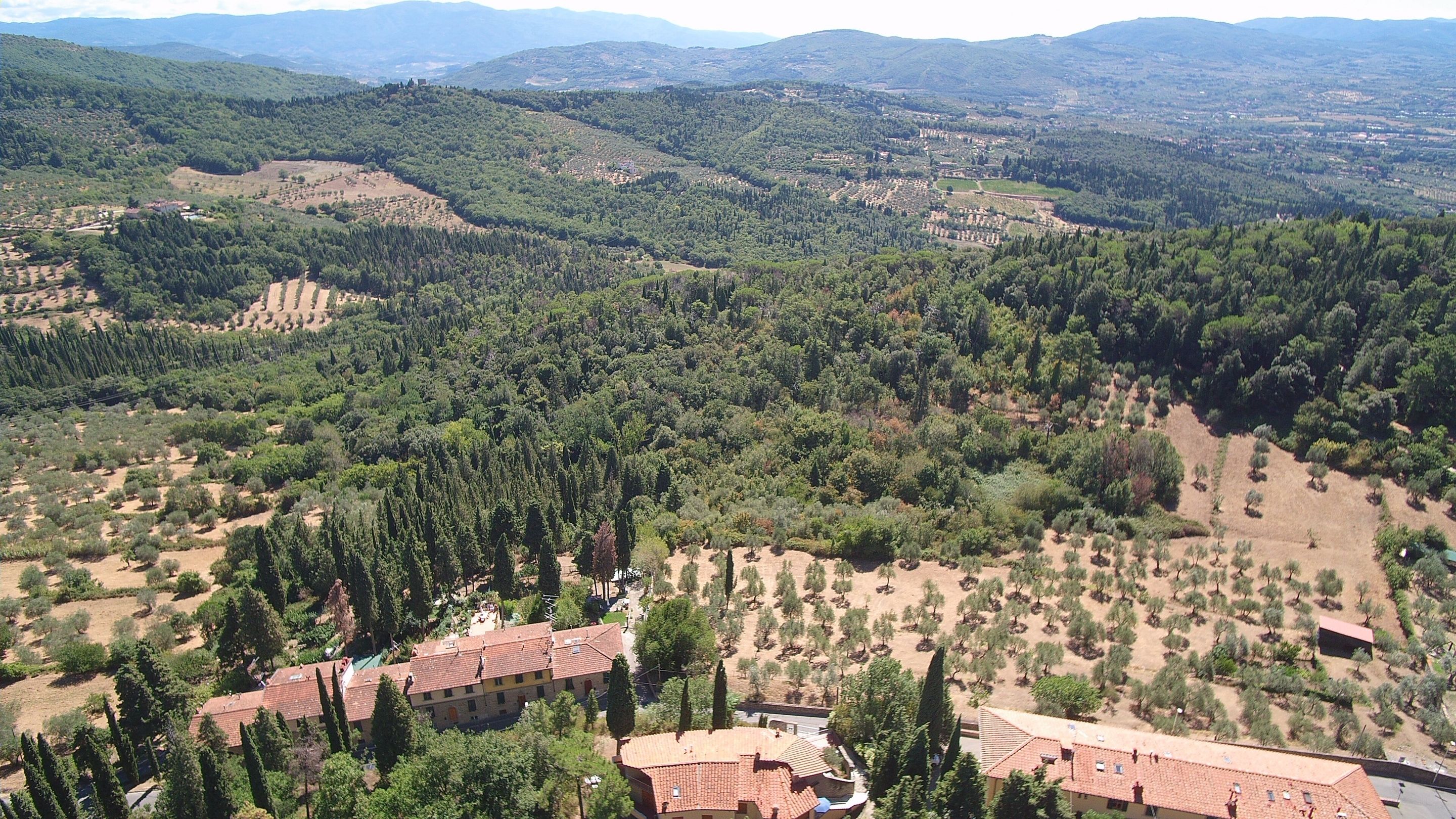Un paisaje rural con edificios dispersos, bosques densos y colinas onduladas al fondo.