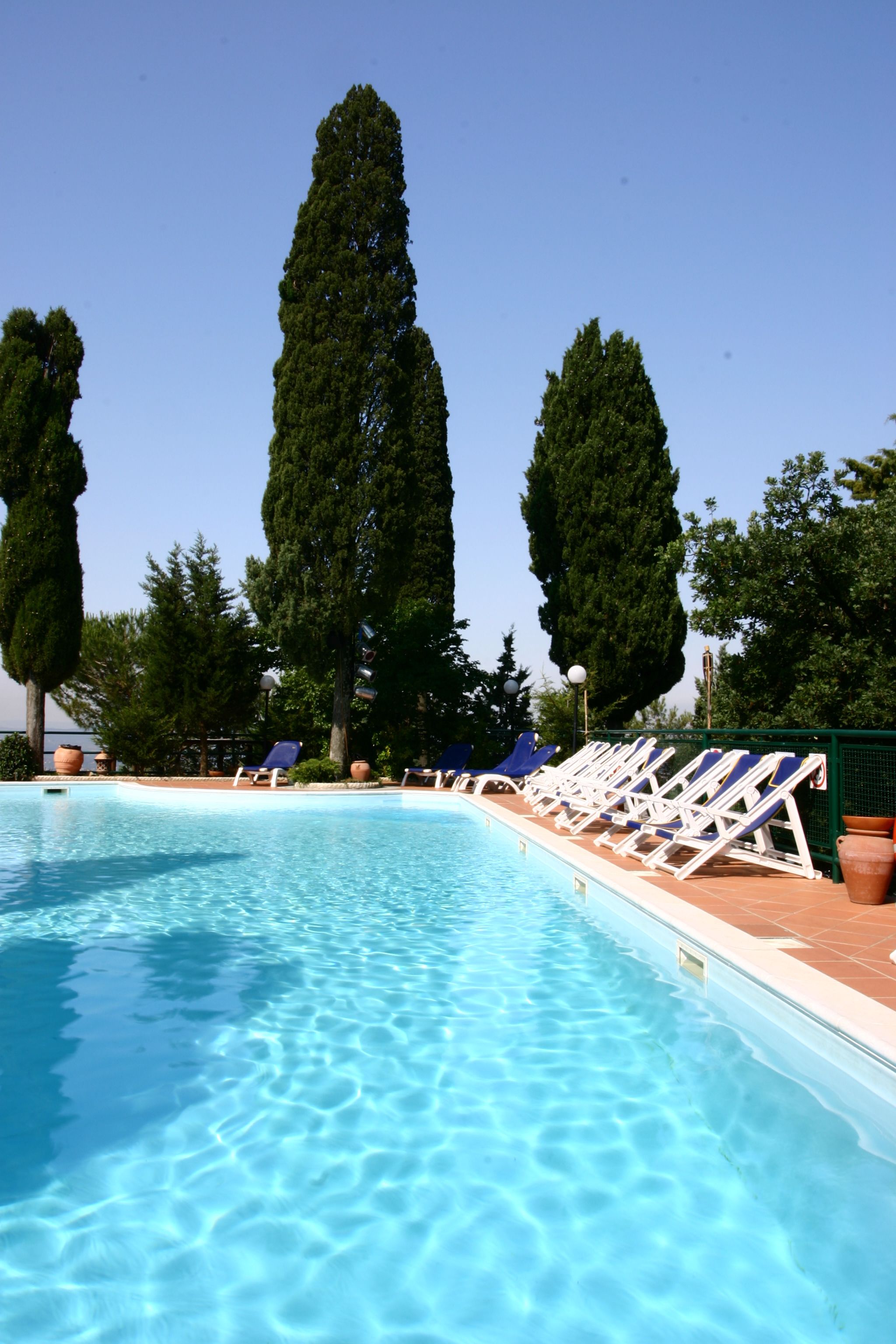 A swimming pool with clear blue water, surrounded by tall trees and blue lounge chairs.