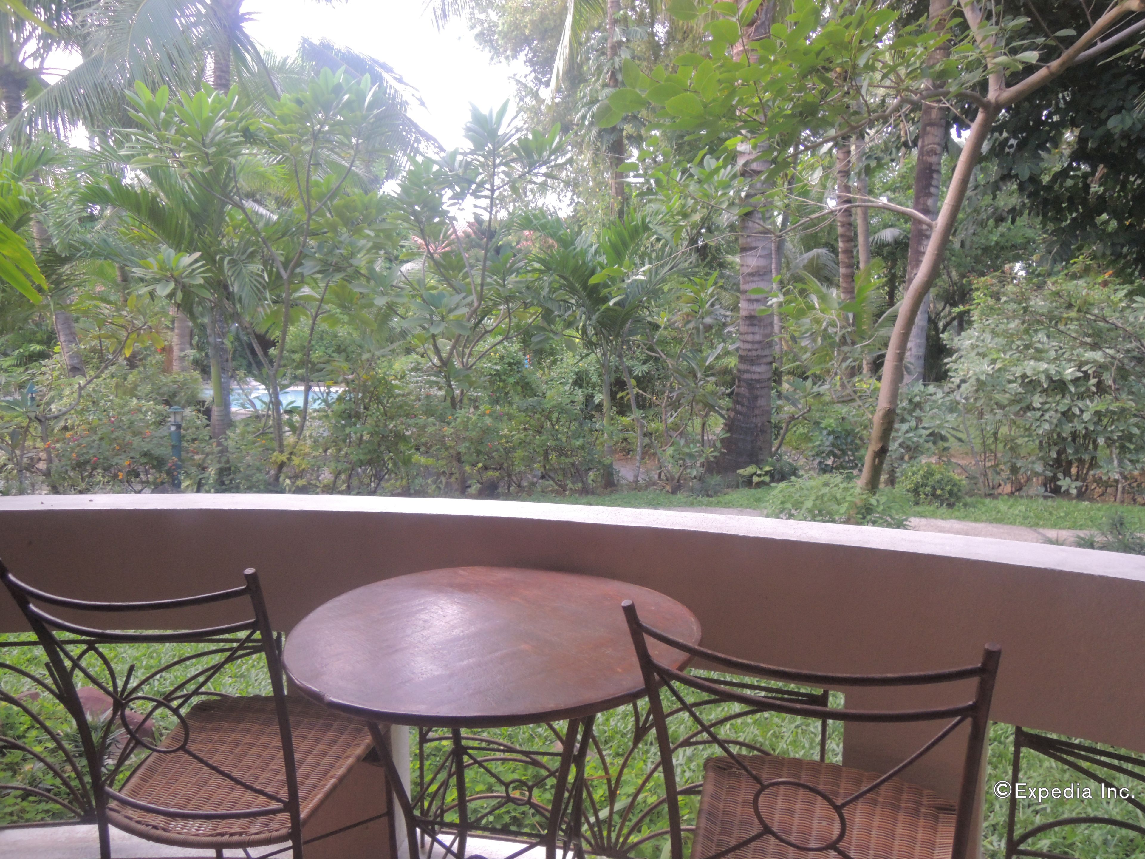 A round table with two wicker chairs, surrounded by lush greenery and tall trees.