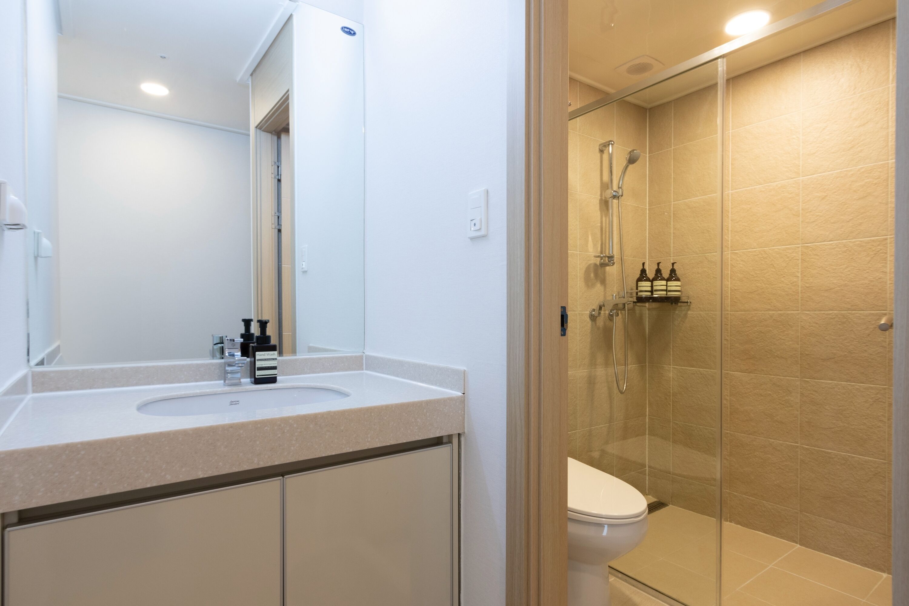 A modern bathroom with a glass-enclosed shower, a white sink, and a large mirror.