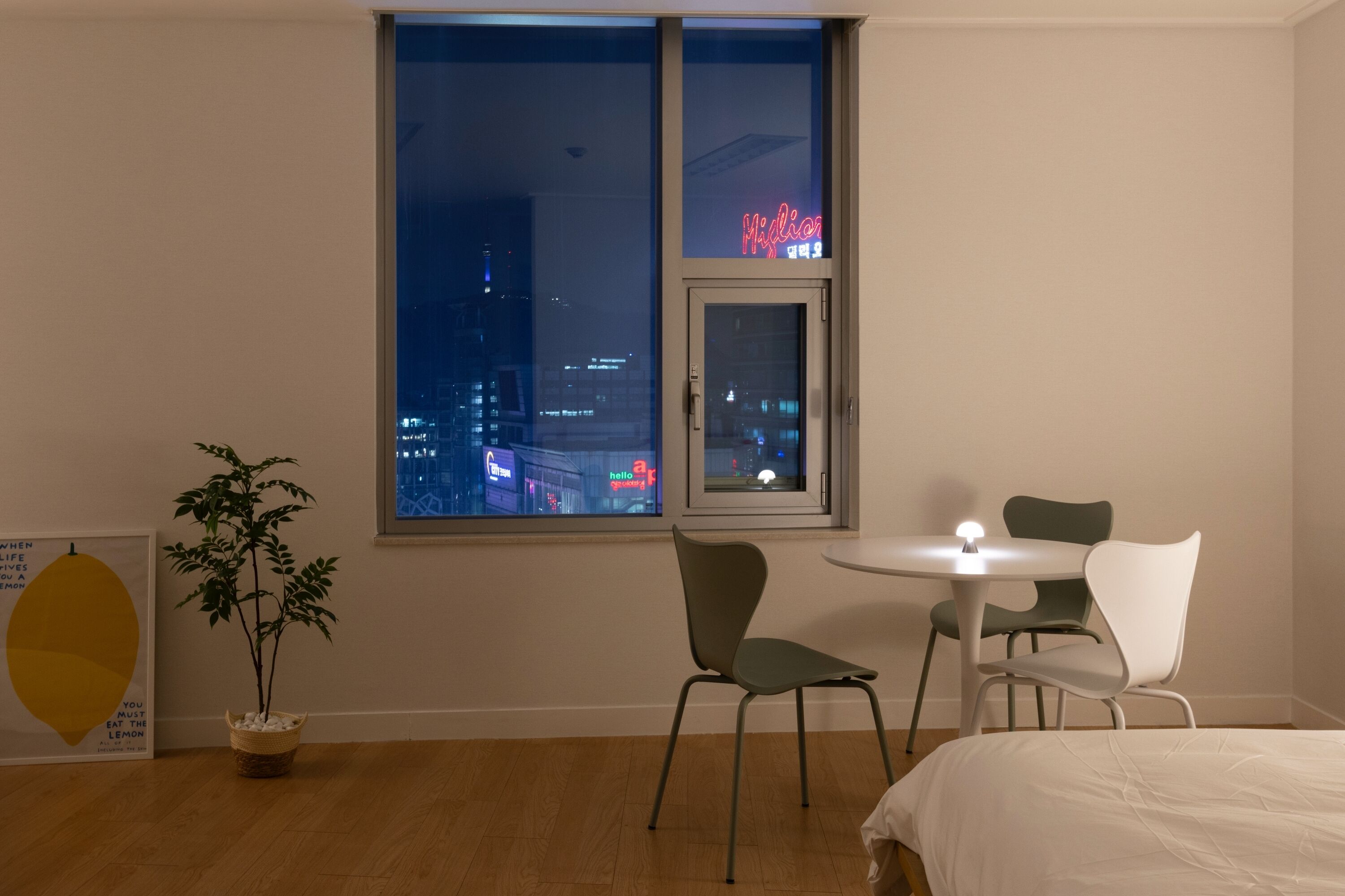 Individually decorated, desk, laptop workspace, blackout curtains