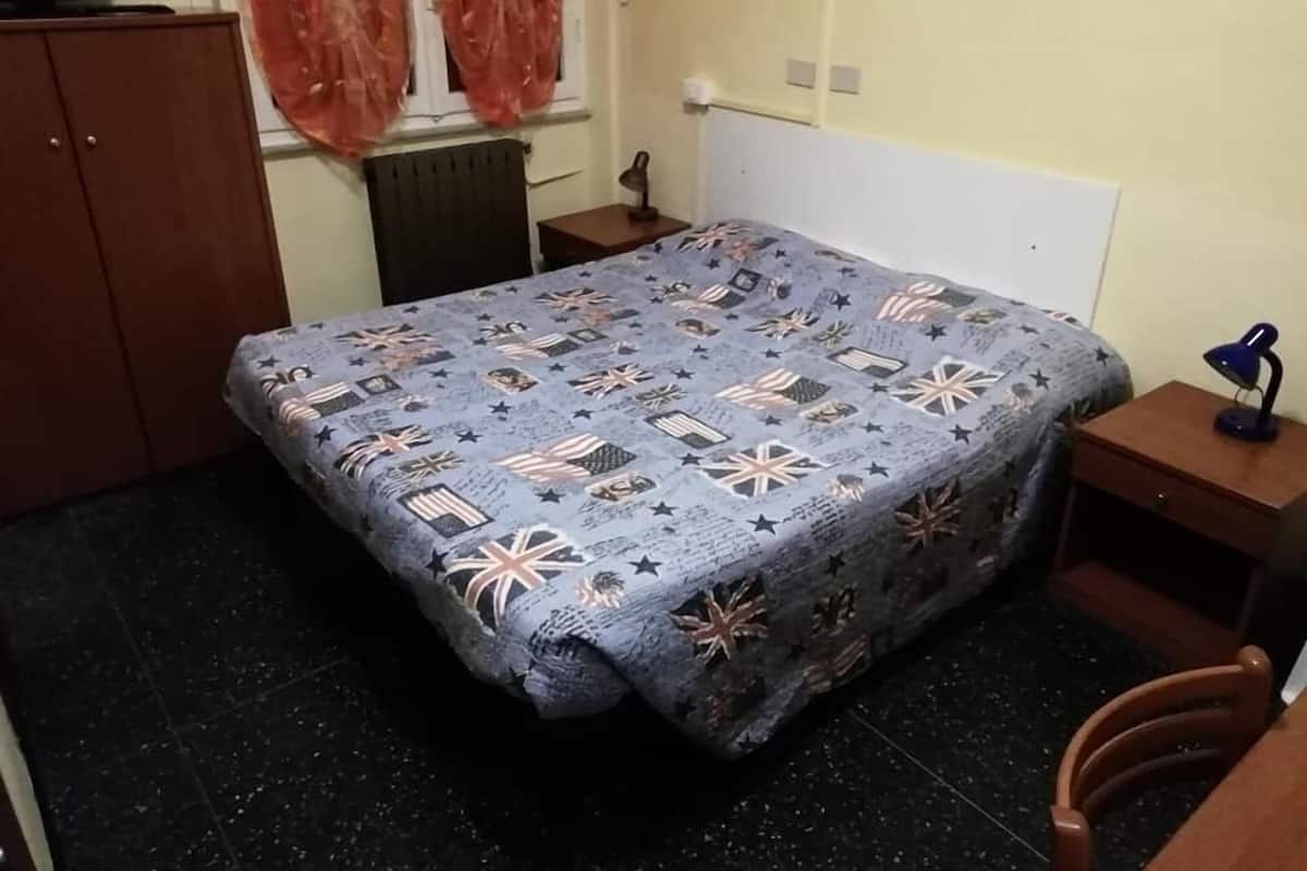 Une chambre à coucher avec un lit, un bureau, une chaise, un radiateur et un téléviseur posé sur un meuble.