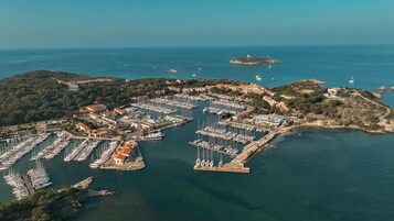 Une vue aérienne d’une marina où de nombreux bateaux sont amarrés, entourée de bâtiments et de verdure.