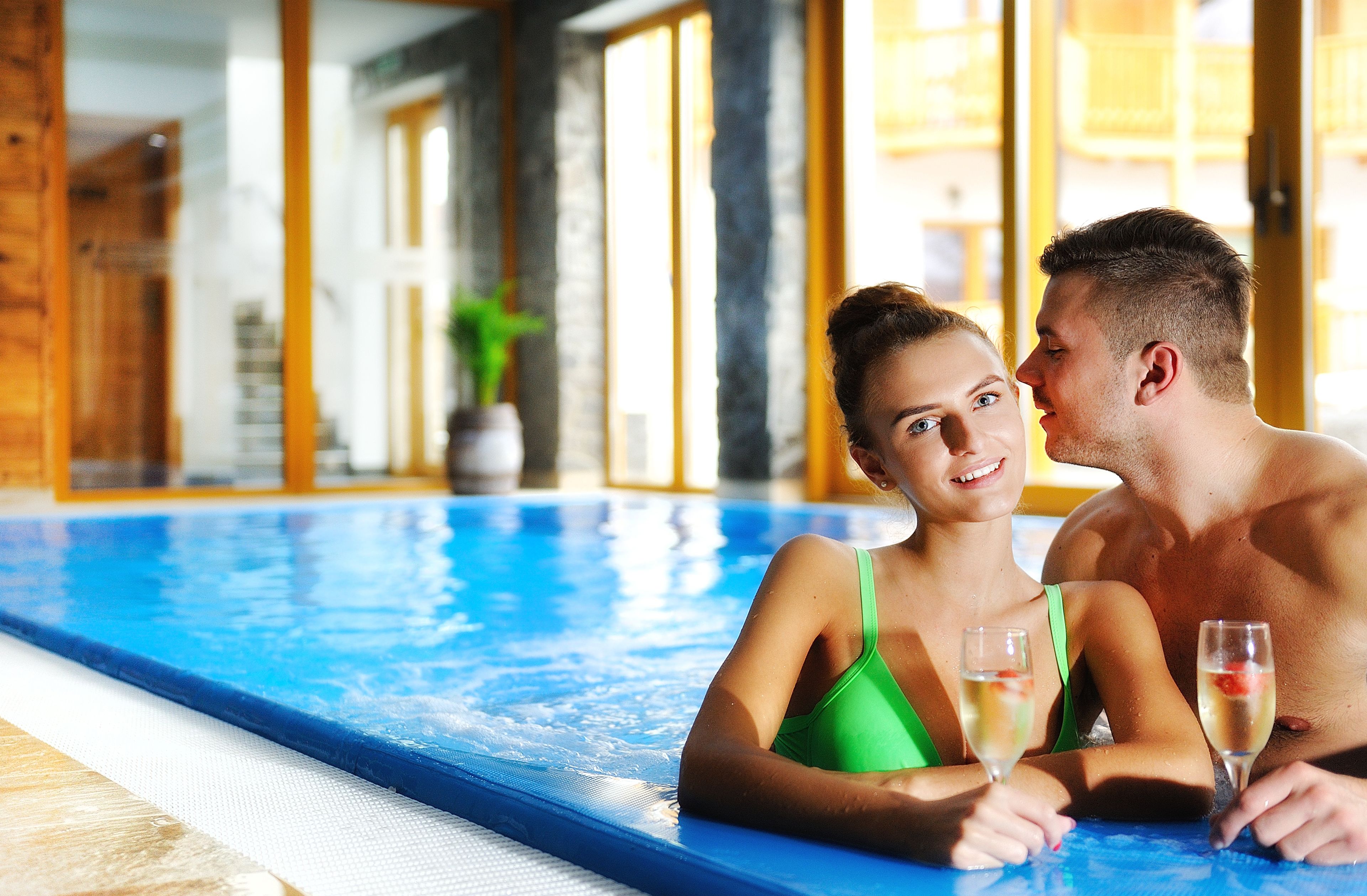 Indoor pool, open 9:00 AM to 10:00 PM, pool umbrellas, pool loungers
